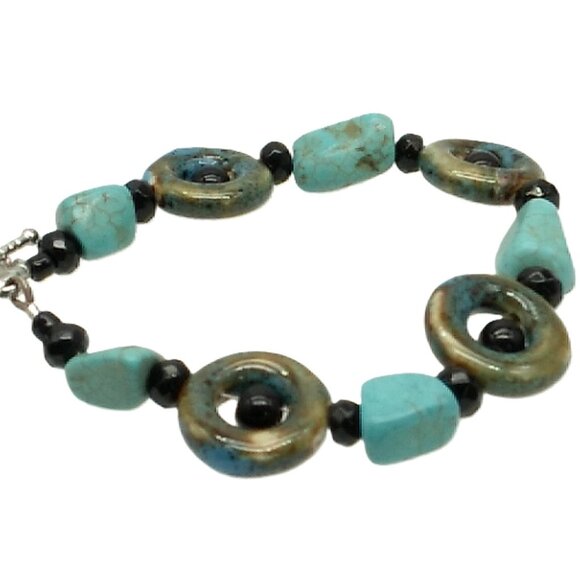 Turquoise Stone Bohemian Bracelet Ceramic Donut Resin Beaded Bracelet - Picture 1 of 16